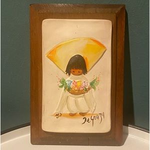 DEGRAZIA FLOWER BOY FIGURAL CERAMIC TILE ON WOOD WALL HANGING